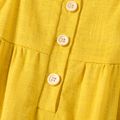 Baby Girl Button Design Solid Sleeveless Ruffle Linen Jumpsuit Yellow
