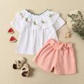 Summer Picnic Toddler Girl 2pcs 100% Cotton Embroidery Short-sleeve White Top and Solid Pink Shorts Set White