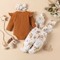 3pcs Baby Girl 95% Cotton Ribbed Long-sleeve Romper and Allover Animal Print Ruffle Trim Suspender Pants with Headband Set Khaki