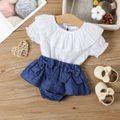 100% Cotton Baby Girl Swiss Dot Ruffle Collar Puff-sleeve Top and Bowknot Skirted Shorts Set White