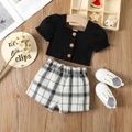 2pcs Baby Girl 95% Cotton Ribbed Puff-sleeve Square Neck Button Up Crop Top and Plaid Shorts Set Black image 1