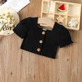 2pcs Baby Girl 95% Cotton Ribbed Puff-sleeve Square Neck Button Up Crop Top and Plaid Shorts Set Black image 2