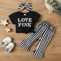 3pcs Baby Girl 100% Cotton Black Striped Flared Pants and Letter Print Short-sleeve Self-tie Crop Top with Headband Set Black