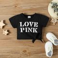 3pcs Baby Girl 100% Cotton Black Striped Flared Pants and Letter Print Short-sleeve Self-tie Crop Top with Headband Set Black