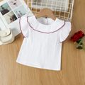100% Cotton Baby Girl 3pcs Crepe Solid Flutter-sleeve White Top and Layered Bow Red Skirt Set with Headband Set White