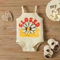 100% Cotton 2pcs Baby Girl Daisy & Letter Print Rib Knit Cami Romper and Flared Pants Set Creamcolored
