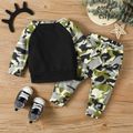 2pcs Baby Boy Camouflage Raglan-sleeve Letter Print Sweatshirt and Sweatpants Set Black image 2
