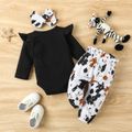 3pcs Baby Girl 95% Cotton Long-sleeve Letter Print Romper and Bow Front Pants with Headband Set Black image 2