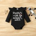 3pcs Baby Girl 95% Cotton Long-sleeve Letter Print Romper and Bow Front Pants with Headband Set Black image 3