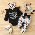 3pcs Baby Girl 95% Cotton Long-sleeve Letter Print Romper and Bow Front Pants with Headband Set Black image 1