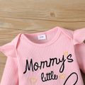 3pcs Baby Girl 95% Cotton Long-sleeve Rib Knit Letter Embroidered Romper and Allover Love Heart Print Pants with Headband Set Pink image 4