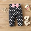 3pcs Baby Girl 95% Cotton Long-sleeve Rib Knit Letter Embroidered Romper and Allover Love Heart Print Pants with Headband Set Pink
