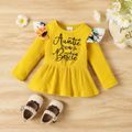 3pcs Baby Girl 95% Cotton Long-sleeve Rib Knit Letter Embroidered Top and Allover Boho Print Flared Pants with Headband Set Yellow