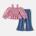 PAW Patorl 2pcs Toddler Allover Print Smocked Strap Blouse and 100% Cotton Denim Flared Pants Set Pink