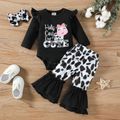 3pcs Baby Girl 95% Cotton Long-sleeve Letter Embroidered Romper and Cow Print Flared Pants with Headband Set Black