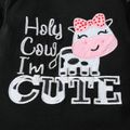 3pcs Baby Girl 95% Cotton Long-sleeve Letter Embroidered Romper and Cow Print Flared Pants with Headband Set Black