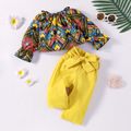 2pcs Baby Girl Allover Boho Print Long-sleeve Top and Solid Paperbag Waist Belted Pants Set Multi-color