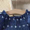 2pcs Baby Girl 95% Cotton Bowknot Decor Pants and Allover Love Heart Print Puff-sleeve Shirred Imitation Denim Top Set Blue image 5