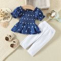 2pcs Baby Girl 95% Cotton Bowknot Decor Pants and Allover Love Heart Print Puff-sleeve Shirred Imitation Denim Top Set Blue image 2