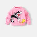Looney Tunes 2pcs Toddler Girl Ruffled Pink Cotton Sweatshirt and Letter Print Belted Denim Jeans Set Pink