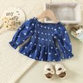 3pcs Baby Girl 95% Cotton Bow Decor Leggings and Allover Heart Print Long-sleeve Shirred Denim Top with Headband Set cyan image 3