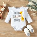 3pcs Baby Girl 95% Cotton Long-sleeve Letter & Giraffe Print Romper and Bow Front Pants with Headband Set White image 3
