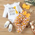 3pcs Baby Girl 95% Cotton Long-sleeve Letter & Giraffe Print Romper and Bow Front Pants with Headband Set White image 1