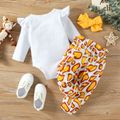 3pcs Baby Girl 95% Cotton Long-sleeve Letter & Giraffe Print Romper and Bow Front Pants with Headband Set White