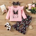 3pcs Baby Girl 95% Cotton Long-sleeve Rabbit Graphic Ruffle Trim Tee and Allover Floral Print Flared Pants with Headband Set Pink image 1