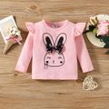 3pcs Baby Girl 95% Cotton Long-sleeve Rabbit Graphic Ruffle Trim Tee and Allover Floral Print Flared Pants with Headband Set Pink image 3