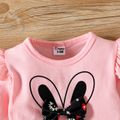 3pcs Baby Girl 95% Cotton Long-sleeve Rabbit Graphic Ruffle Trim Tee and Allover Floral Print Flared Pants with Headband Set Pink image 5