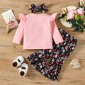 3pcs Baby Girl 95% Cotton Long-sleeve Rabbit Graphic Ruffle Trim Tee and Allover Floral Print Flared Pants with Headband Set Pink image 2