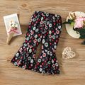 3pcs Baby Girl 95% Cotton Long-sleeve Rabbit Graphic Ruffle Trim Tee and Allover Floral Print Flared Pants with Headband Set Pink