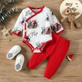 2pcs Baby Boy/Girl 95% Cotton Rib Knit Pants and Allover Animal Print Long-sleeve Romper Set Red