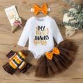 Thanksgiving Day 4pcs Baby Girl 95% Cotton Long-sleeve Romper and Layered Mesh Skirt with Striped Calf Sleeves & Headband Set Brown image 1