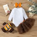 Thanksgiving Day 4pcs Baby Girl 95% Cotton Long-sleeve Romper and Layered Mesh Skirt with Striped Calf Sleeves & Headband Set Brown image 3