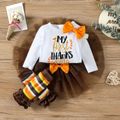 Thanksgiving Day 4pcs Baby Girl 95% Cotton Long-sleeve Romper and Layered Mesh Skirt with Striped Calf Sleeves & Headband Set Brown image 2