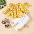 3pcs Baby Girl 95% Cotton Bow Front Leggings and Polka Dot Print Off Shoulder Long-sleeve Top with Headband Set Yellow image 3