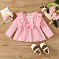 3pcs Baby Girl 95% Cotton Rib Knit Ruffle Trim Bow Front Long-sleeve Top and Allover Heart Print Leggings with Headband Set Pink