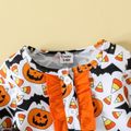 Halloween 2pcs Baby Girl Allover Pumpkin Print Spliced Ruffle Trim Long-sleeve Bell Bottom Jumpsuit with Headband Set Orange image 3