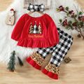 Christmas 3pcs Baby Girl 95% Cotton Long-sleeve Xmas Tree & Letter Embroidered Top and Plaid Spliced Leopard Ruffle Bell Bottom Pants with Headband Set Red image 1