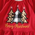 Christmas 3pcs Baby Girl 95% Cotton Long-sleeve Xmas Tree & Letter Embroidered Top and Plaid Spliced Leopard Ruffle Bell Bottom Pants with Headband Set Red