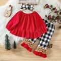 Christmas 3pcs Baby Girl 95% Cotton Long-sleeve Xmas Tree & Letter Embroidered Top and Plaid Spliced Leopard Ruffle Bell Bottom Pants with Headband Set Red