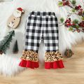 Christmas 3pcs Baby Girl 95% Cotton Long-sleeve Xmas Tree & Letter Embroidered Top and Plaid Spliced Leopard Ruffle Bell Bottom Pants with Headband Set Red image 5