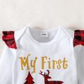 Christmas 3pcs Baby Girl 100% Cotton Layered Ruffle Red Plaid Suspender Pants and Long-sleeve Graphic Romper with Headband Set Red image 4