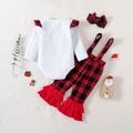 Christmas 3pcs Baby Girl 100% Cotton Layered Ruffle Red Plaid Suspender Pants and Long-sleeve Graphic Romper with Headband Set Red image 2