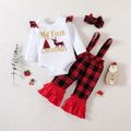 Christmas 3pcs Baby Girl 100% Cotton Layered Ruffle Red Plaid Suspender Pants and Long-sleeve Graphic Romper with Headband Set Red image 1