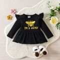 3pcs Baby Girl Bee & Letter Embroidered Rib Knit Ruffle Long-sleeve Top and Striped Pants with Headband Set Black image 3