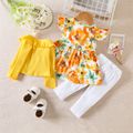 3-Pack Baby Girl 95% Cotton Rib Knit Ruffle Cardigan and Bow Front Pants and Allover Floral Print Flutter-sleeve Dress Set Yellow image 2