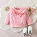 3pcs Baby Girl 95% Cotton Long-sleeve Pink Ruffle Trim Sweatshirt and Allover Heart & Letter Print Pants with Headband Set Pink image 3